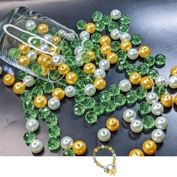 Glass Beads Bulk For Bracelet Making, Green White Yellow Beads, Preschool Craft DIY Jewelry Suncatcher Supplies, Gift For Beader, 175 pcs