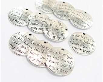 Message Charms, Silver Inspiration Positive Word Small Pendant, DIY Jewelry Supply, God Has You In His Hands I Have You In My Heart, 10 pcs