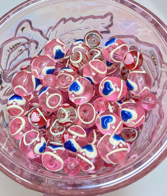 Mix Lot Glass Beads Bulk For Bracelet Necklace Jewelry Making -   Heart Dot Beads Mixed - Pink Beads Assorted 420 pcs