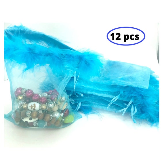 Organza Bags Drawstring Feather Pouches - Party Favors Packaging Bags For Kids - Fur Sheer Ribbon Gift Pouches - 12 Pcs 5x7" - Turquoise