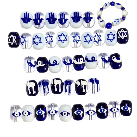 Hanukkah Jewish Glass Beads Bulk for Bracelet Making, Blue White Beads Star of David, Chai Hamsa, Craft DIY Birthday Gift for Beader, 40 Pcs