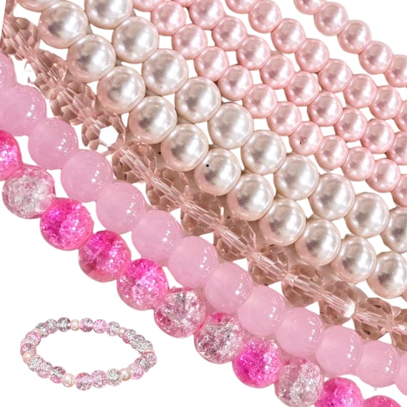 Pink Glass Beads for Bracelet Making, Preschool DIY Craft Jewelry Supplies, Birthday Gift for Beaders, 6 to 8mm, Round, 1 lb, 1100 pcs