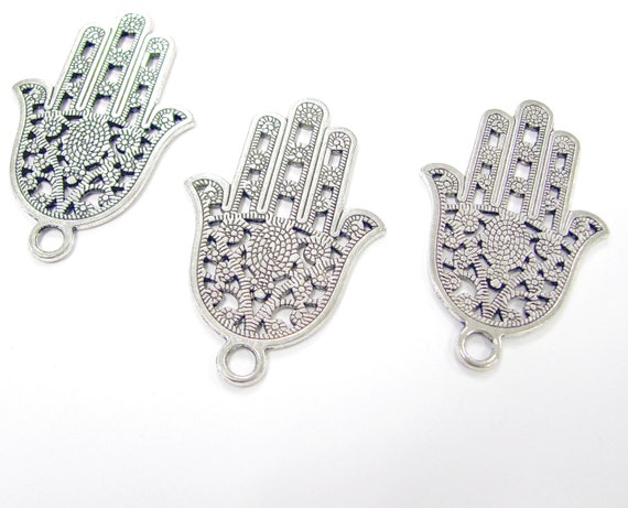 Hamsa Hand Charm - Silver Zinc Alloy Pendants - Hamsa Pendant For Jewelry Making - Jewish Hand Of Fatima Bulk - 42x28mm 3pcs set