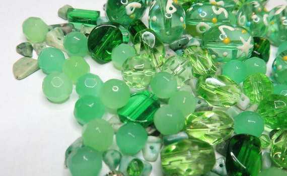 Glass Beads Bulk For Jewelry Making - Green Glass Beads Gemstone Chips Assortment Preschool Supplies - Green Beads Mix - Pack Of 200 pcs