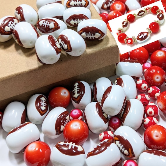 Glass Beads Bulk For Bracelet Making, School Craft DIY Jewelry Supplies, Red Brown Football Beads, Gift For Football Mom Beader, 140 pcs
