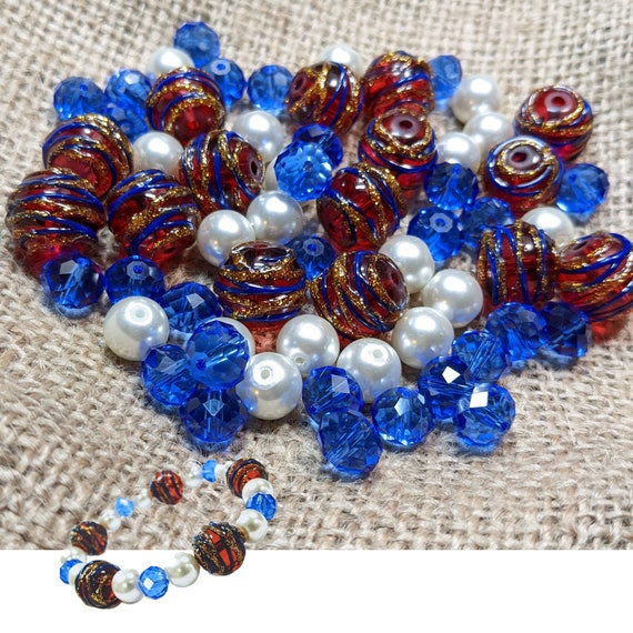 Glass Beads Bulk For Bracelet Making, School DIY Jewelry Supplies, Red White Blue Patriotic Americana USA Beads, Gift For Beader, 235 pcs