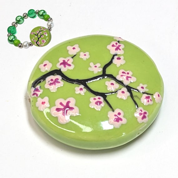 Ceramic Pendant Necklace Making, Green Porcelain Cherry Blossom Round Statement Focal Bead, DIY Jewelry Supplies, Gift For Beader, 1 pc