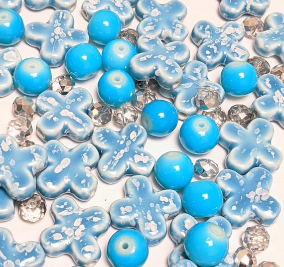 Mix Lot Porcelain Glass Acrylic Beads For Bracelet Jewelry Making -Assorted Beads Bulk - Ceramic Cross - Blue Pearl Beads - 180pcs
