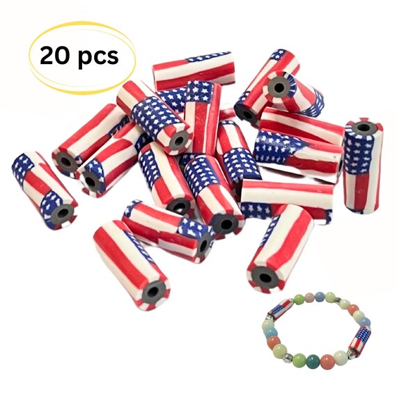 Fimo Clay USA Flag Beads, Patriotic Americana Tube Beads for Jewelry Making, 20 Pcs