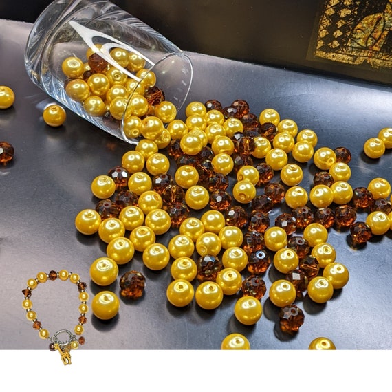 Glass Beads For Bracelet Making, Yellow Brown Beads Bulk, Preschool Craft DIY Jewelry Supplies, Gift For Beader, 175 pcs