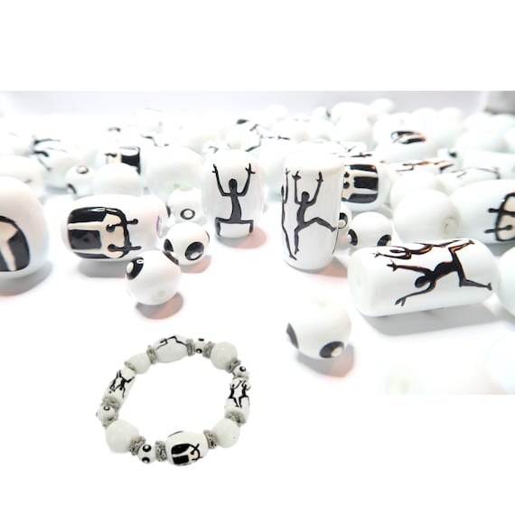 Glass Beads Bulk for Bracelet Making Supplies, Black White Dancers Drums Percussion Instruments Beads, Birthday Gift for Beaders, 140 Pcs