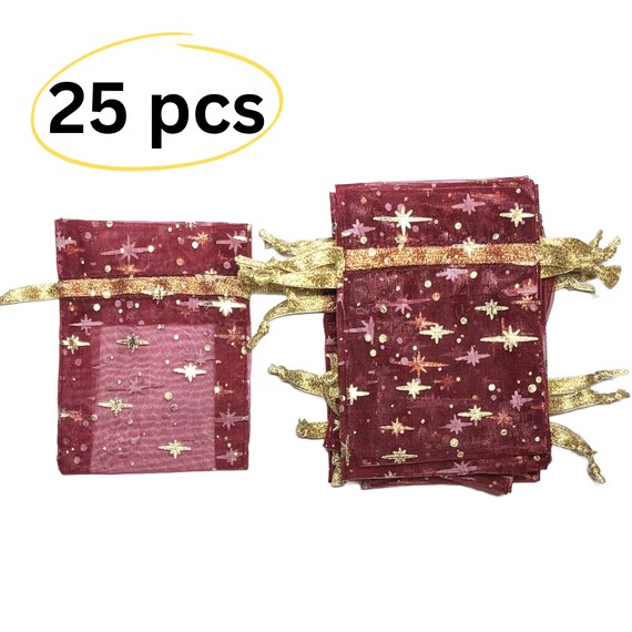 Wine Color Pouch with Gold Stars - Organza Jewelry Bags Candy Pouch Party Wedding Favor Gift Bag 25pcs