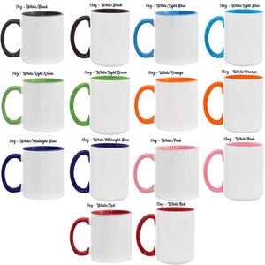 May include: A collection of ceramic mugs in 11oz and 15oz sizes, each featuring a white exterior and a colored interior and handle. Colors include black, light blue, light green, orange, midnight blue, pink, and red, with labels above each.