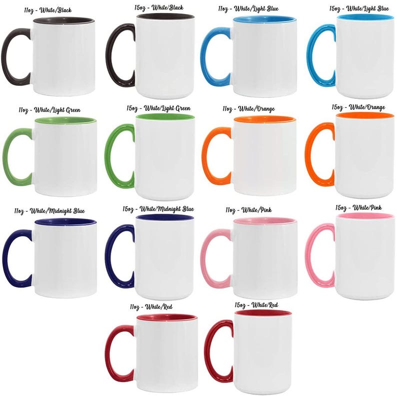 May include: A collection of ceramic mugs in 11oz and 15oz sizes, each featuring a white exterior and a colored interior and handle. Colors include black, light blue, light green, orange, midnight blue, pink, and red, with labels above each.