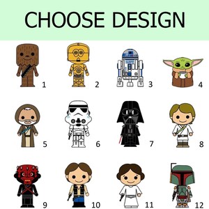 May include: A grid of twelve cartoon-style character illustrations labeled 1 through 12 with the text CHOOSE DESIGN at the top. The characters include a brown Wookiee, gold robot, white and blue droid, green alien, Jedi, Stormtrooper, Darth Vader, and others.