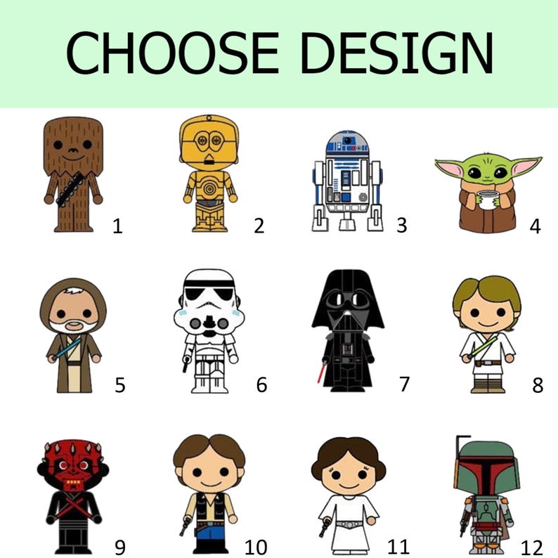 May include: A grid of twelve cartoon-style character illustrations labeled 1 through 12 with the text CHOOSE DESIGN at the top. The characters include a brown Wookiee, gold robot, white and blue droid, green alien, Jedi, Stormtrooper, Darth Vader, and others.