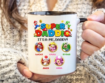 Personalized Super Daddio Mug, Custom Dad Gift, Kids Names Mario Kart Style Mug, Father's Day Gift