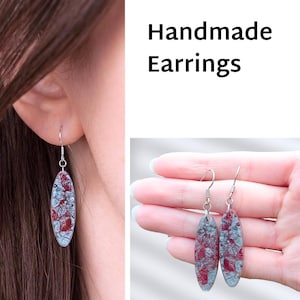 Handmade Resin Earrings, Red Silver Oval Drops, Stainless Steel Long Dangle Earrings, Unique Mosaic Wearable Art, One of a Kind Holiday Gift