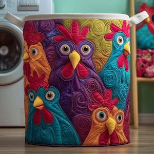 May include: A colorful, quilted laundry hamper featuring a vibrant design of cartoon roosters. The roosters are in shades of orange, blue, and purple, with red combs and yellow beaks. The hamper has white handles and a white rim.