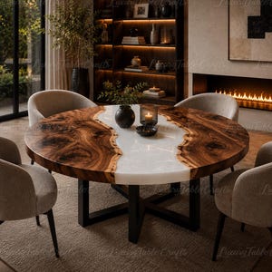 Round Live Edge Epoxy Dining Table, White Resin River Table, Burl Wood Kitchen Table, Custom Luxury Wood Dining Table