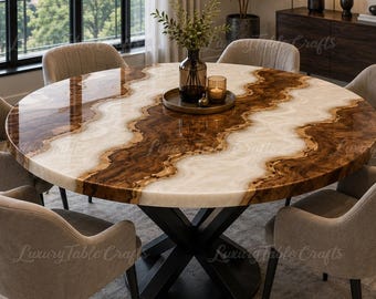 Mesa de comedor redonda de resina epoxi, madera de olivo con borde natural, muebles llamativos de color turquesa.