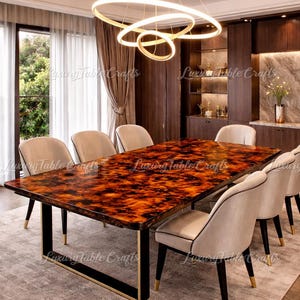 Luxury Burl Wood Dining Table, Live Edge Epoxy Resin Table, Faux Tortoise Shell Table, Gold Base Dining Table, Modern Statement Furniture