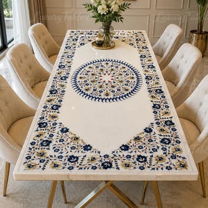 Tablero de mesa de comedor con incrustaciones de mármol blanco, diseño floral Pietra Dura, decoración rectangular de piedra a medida.