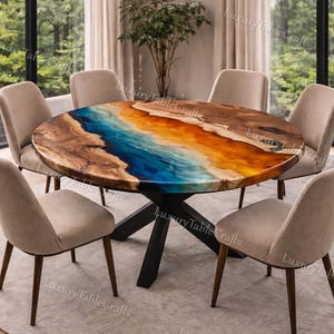 Sunset Glow Resin River Table Top | Round Live Edge Wood Dining Table | Ocean Blue & Gold Epoxy Table | Luxury Handmade Coastal Furniture