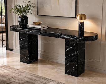 Modern Black Marble Console Table, Oval Entryway Table, Nero Marquina Hallway Table, Luxury Marble Sofa Table, Custom Natural Furniture