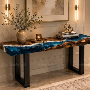 Epoxy Resin Ocean Wave Console Table, Live Edge Wood Entryway Table, Custom Ocean River Table, Modern Resin Furniture, Luxury Entry Table