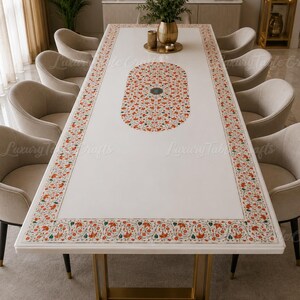 White Marble Inlay Dining Table Top, Pietra Dura Floral Inlay Table, Luxury Rectangular Marble Tabletop, Handmade Custom Stone Furniture