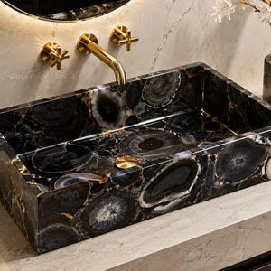 Vasque rectangulaire en pierre d'agate noire fabriquée à la main