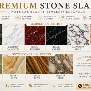 May include: A display of premium stone slabs featuring a Marble Collection with Spider Green, Carrara Calacatta, Rosso Levanto, Black, Calacatta Viola, and Travertine, and an Onyx Stones Collection with Green, Honey, Tiger, and Breccia Onyx varieties.