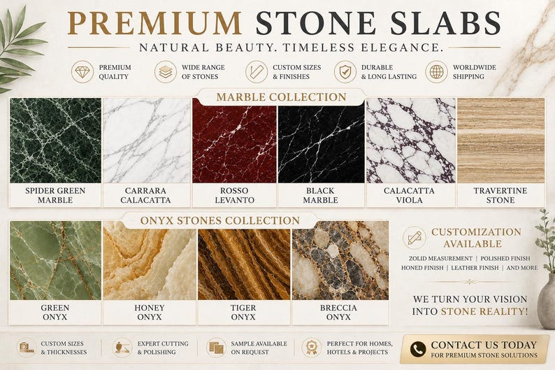 May include: A display of premium stone slabs featuring a Marble Collection with Spider Green, Carrara Calacatta, Rosso Levanto, Black, Calacatta Viola, and Travertine, and an Onyx Stones Collection with Green, Honey, Tiger, and Breccia Onyx varieties.
