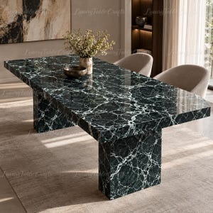 Luxury Green Marble Dining Table, Modern Rectangular Stone Conference Table, Dark Green Veined Marble Tabletop, Custom Kitchen Furniture