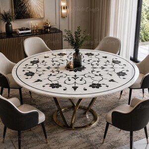 Round White Marble Inlay Table Top, Floral Pietra Dura Dining Table Top, Green Malachite Inlay, Custom Luxury Coffee Table Top, Home Decor