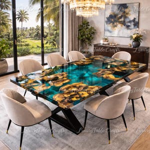 Live Edge Walnut Dining Table with Teal Epoxy Resin River | Custom Wood Slab Table | Modern Luxury Dining Furniture Modern Dining Room