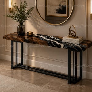 Live Edge Wood Console Table, Black White Epoxy River, Modern Entryway Sofa Table
