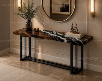 Konsolentisch aus Massivholz mit Baumkante, schwarz-weißer Epoxidharz-Finish, moderner Sofatisch für den Eingangsbereich