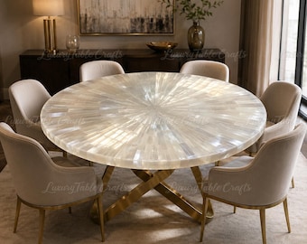 Round Selenite Shell Dining Table Top | Sunburst Mosaic, Mother of Pearl Inlay