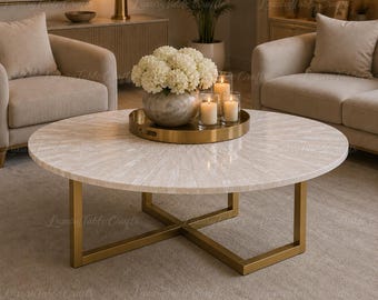 Handmade Selenite Round Coffee Table Top, White Crystal Mosaic Inlay, Luxury Mineral Decor