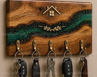 Emerald Green Resin Key Holder Wall Mount, Live Edge Wood Key Hanger, Epoxy River Key Rack, Rustic Entryway Organizer, Gift Decor