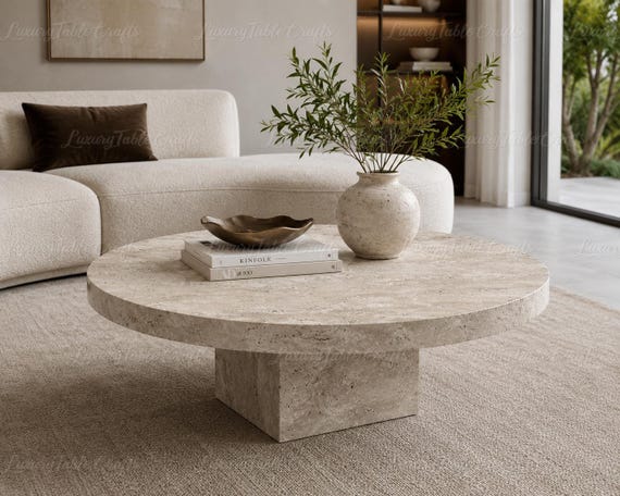 Round Travertine Coffee Table, Natural Stone Center Table, Organic Modern Living Room Decor