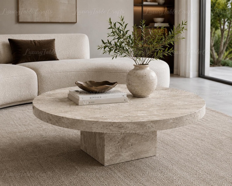 May include: A round, beige travertine coffee table with a thick, cylindrical top and a square pedestal base. On the table sits a beige stone vase with green foliage, a dark brown wavy bowl, and two stacked books with the word Kinfolk visible.