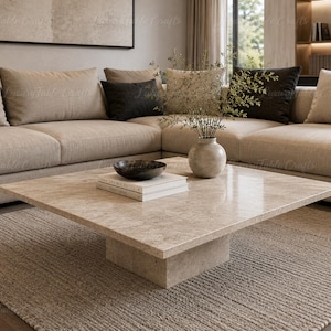 May include: A square beige stone coffee table with a thick pedestal base. The table surface holds a stack of two white books, a dark brown shallow bowl, and a light-coloured ceramic vase containing thin green branches with small leaves.