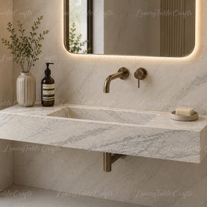 May include: A wall-mounted rectangular marble sink featuring a light gray veined pattern. The sink includes a bronze-toned faucet and handle, a ribbed ceramic vase with greenery, a dark amber soap bottle, and a small soap dish with a bar of soap.