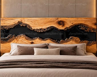 Live Edge Resin Headboard, Black Epoxy River Bedhead, Custom Wood Headboard, Rustic Modern King Queen Bed Backboard