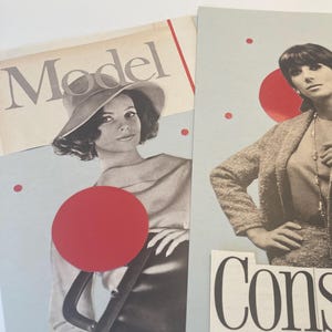 May include: Two vintage magazine pages featuring black and white images of women. One page has the word "Model" at the top. The other page has the word "Consta" in large letters. Both pages have a light blue background with red circles.