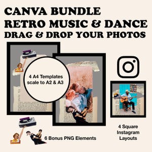 Könnte beinhalten: Ein Canva-Bundle-Grafik mit dem Text "CANVA BUNDLE RETRO MUSIC & DANCE DRAG & DROP YOUR PHOTOS". Das Bild enthält Vorlagen, PNG-Elemente und Instagram-Layouts. Die Vorlagen skalieren auf A2 und A3.
