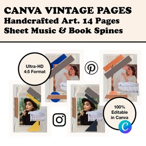 May include: A digital collection of 14 vintage-style pages featuring sheet music and book spines, designed for Canva. The layout includes layered paper textures, geometric shapes in blue, orange, and yellow, and photographic inserts.
